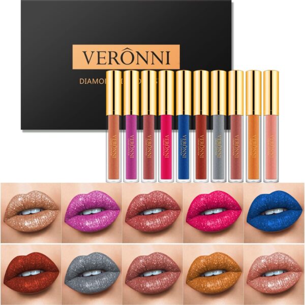 VERONNI Diamond Glitter Lipstick Set, 10 Pcs Shimmer High Pigment Lip Gloss,Metallic Liquid Lipstick Long Lasting Waterproof Lip Gloss Makeup Kit,10pcs Lip Makeup Gift Set(10pcs together)